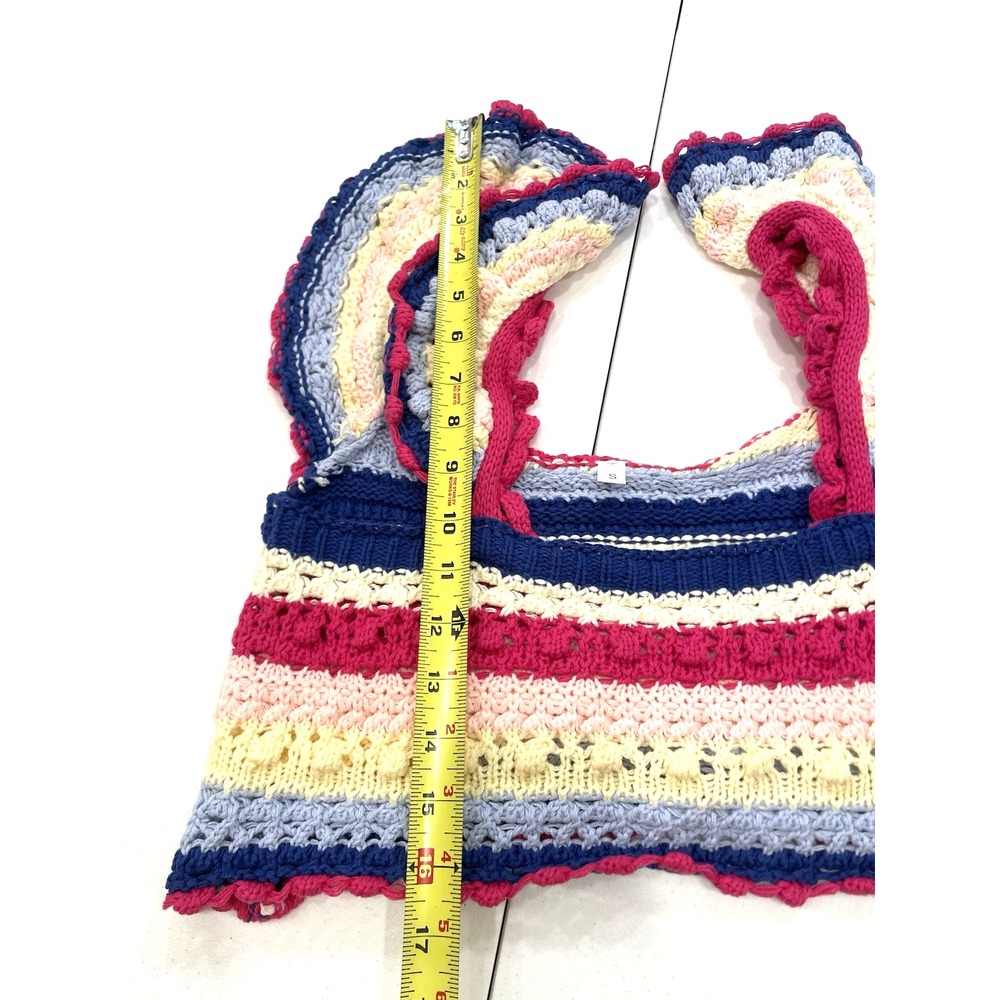 Crochet Crop Top Women's Small Multicolor Ruffle Sleeve Striped Knit - Picture 4 of 7